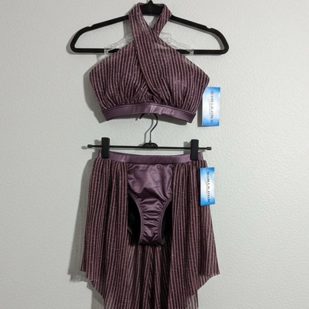 Double Platinum purple shimmer Halter Crop Top and Skirt Kids Dance Costume‎ AXS